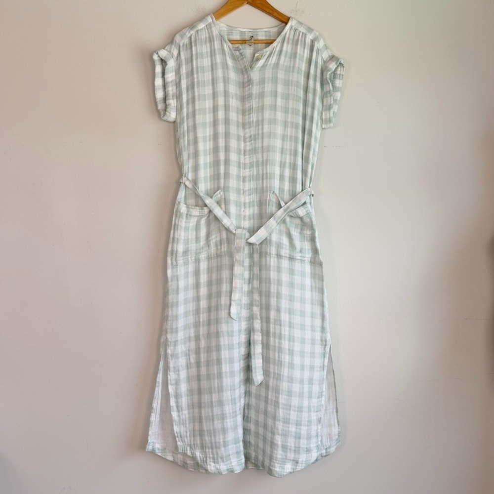 Lou & Grey Cotton Gauze Plaid Midi Shirt Dress Small Coastal Minimalist Belted